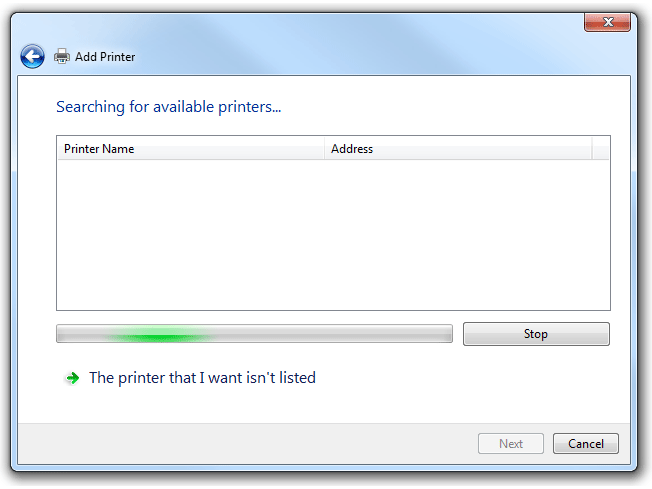 снимок экрана, на котором показан мастер добавления принтера при поиске доступных принтеров.
