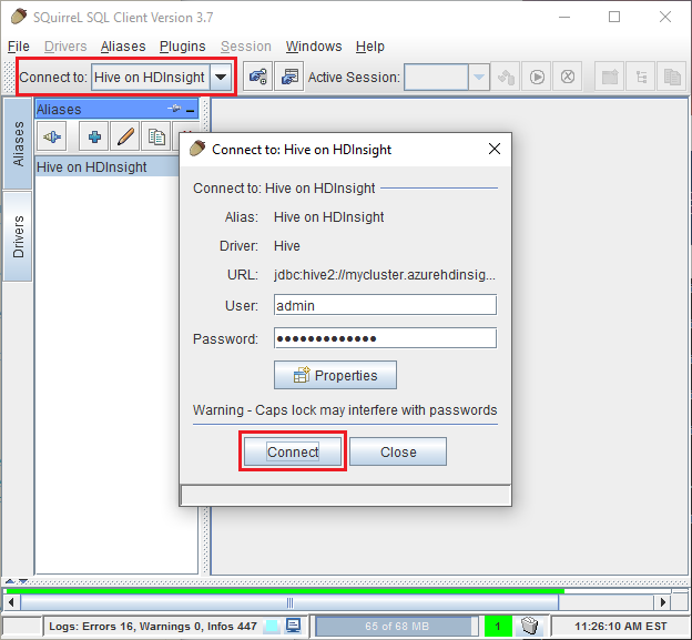 anslutningsdialogruta med parametrar.