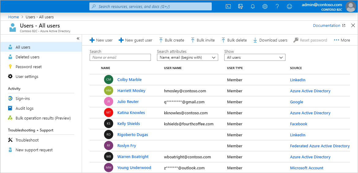 Skärmbild av sidan Azure AD B2C-användarhantering i Azure Portal.