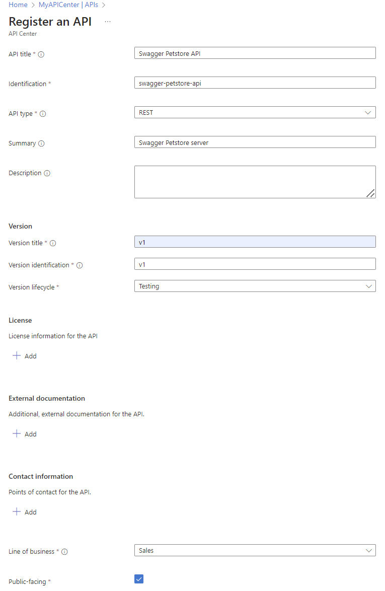 Skärmbild av registrering av ett API i portalen.