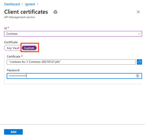 Skärmbild av uppladdning av ett klientcertifikat till API Management i portalen.