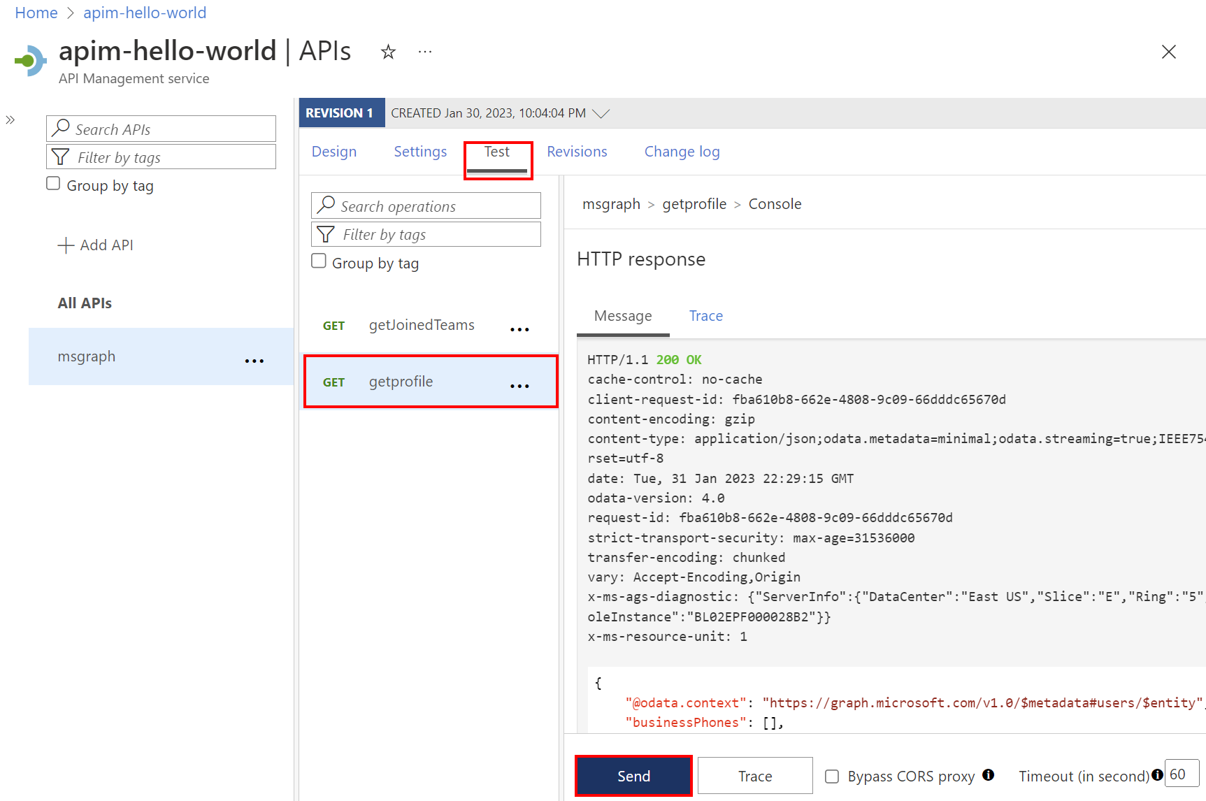 Skärmbild av testning av Graph-API:et i portalen.