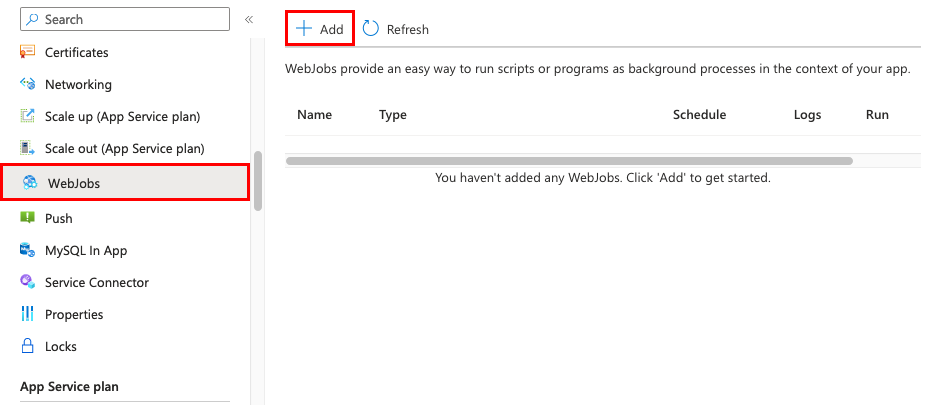 Skärmbild som visar hur du lägger till ett webbjobb i en App Service-app i portalen.