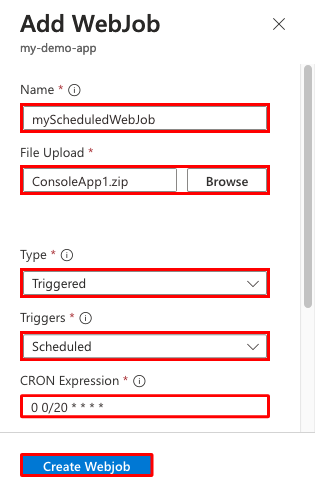 Skärmbild som visar hur du konfigurerar ett schemalagt webbjobb i en App Service-app.