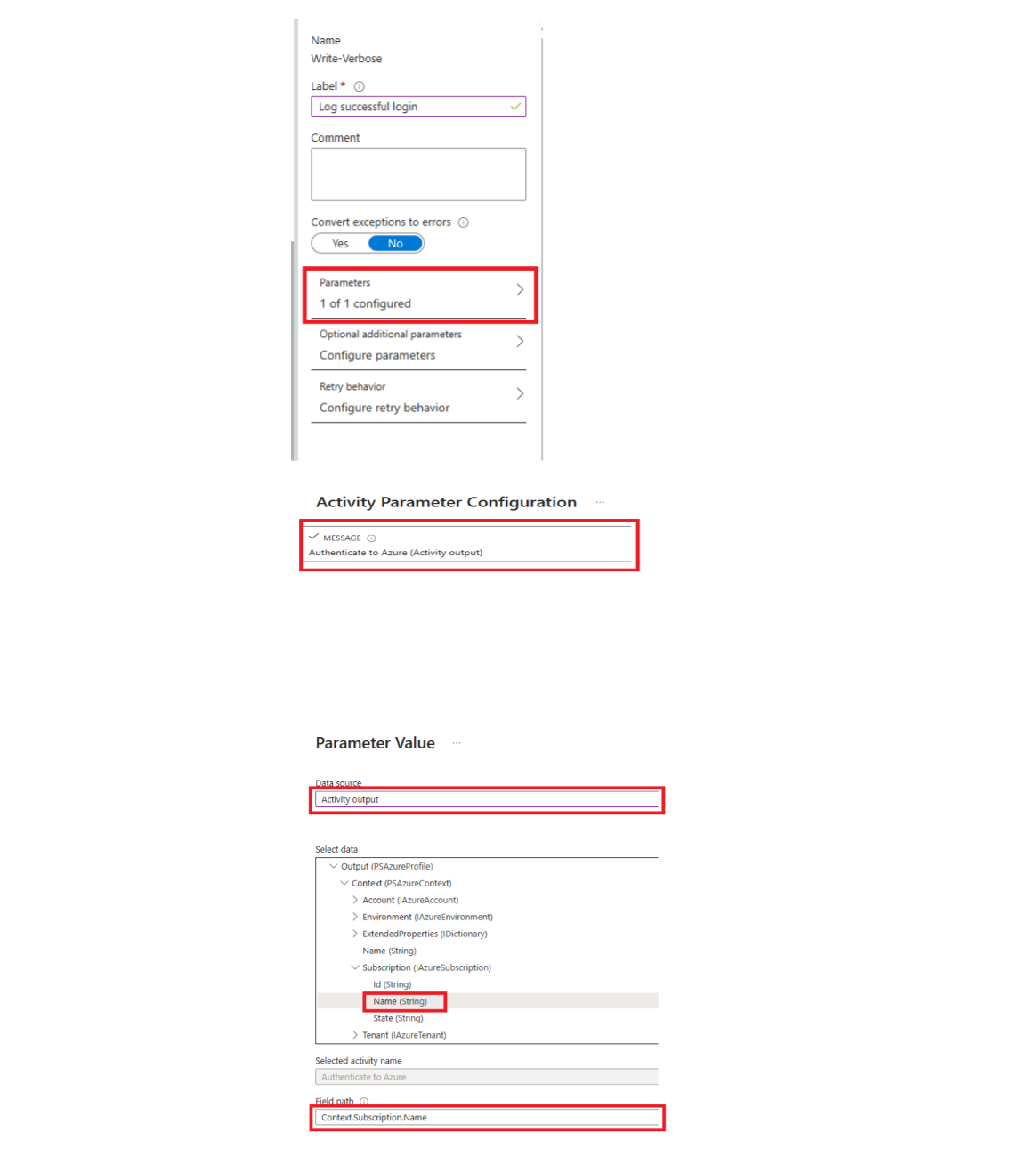 Skärmbild av datakällan write-verbose cmdlet parameter.