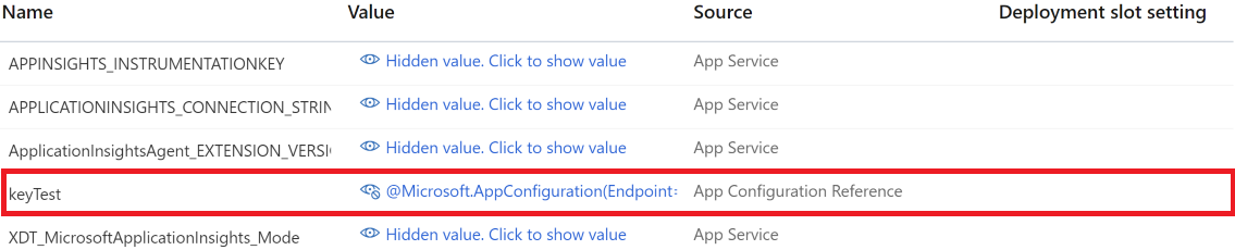 Skärmbild av Konfigurationsinställningar för App Service. Exporterad appkonfigurationsreferens i App Service(Portal).