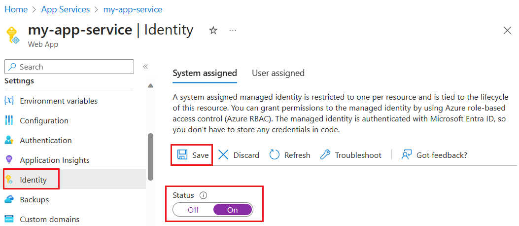 Skärmbild av hur du lägger till en hanterad identitet i App Service.
