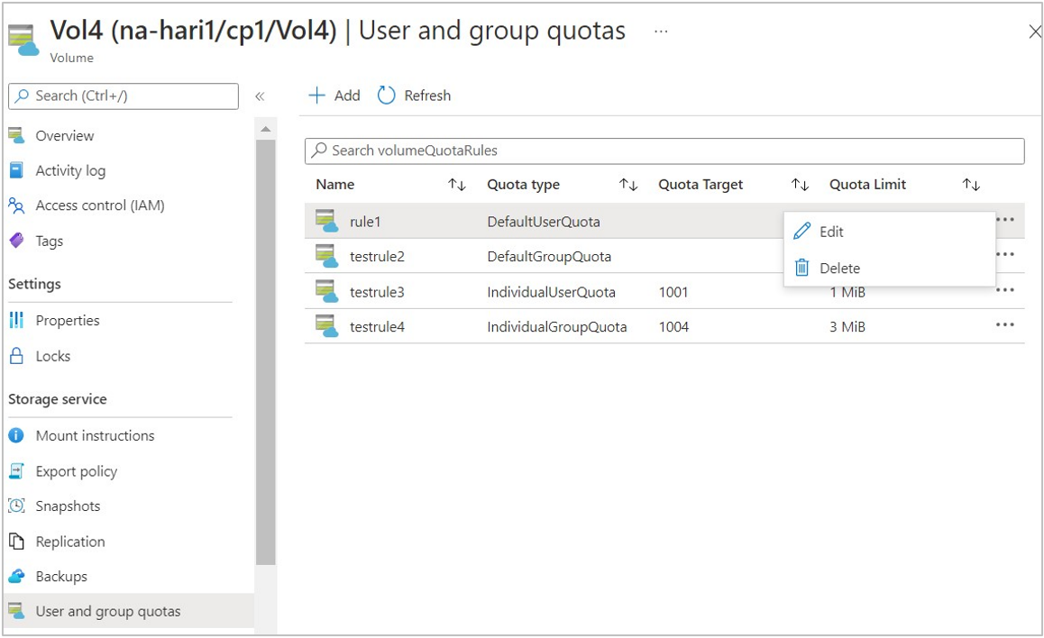 Skärmbild som visar alternativen Redigera och ta bort för användare och gruppkvoter.