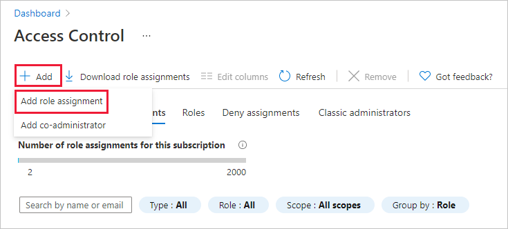 Skärmbild som visar hur du lägger till en rolltilldelning för en Azure Portal instrumentpanel.