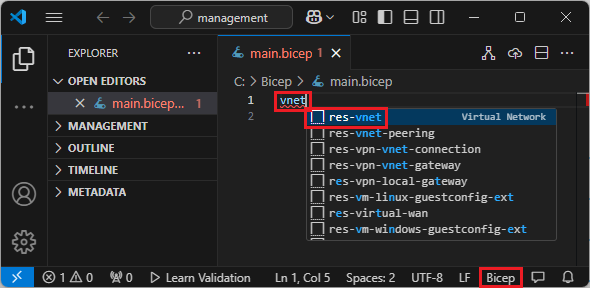 Skärmbild av att lägga till kodfragment för virtuellt nätverk.