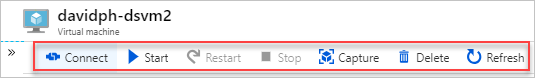 Skärmbild av Azure Portal som visar hanteringsalternativ för en virtuell dator.