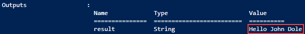 Skärmbild av Resource Manager-malldistributionsskriptet hello world output.