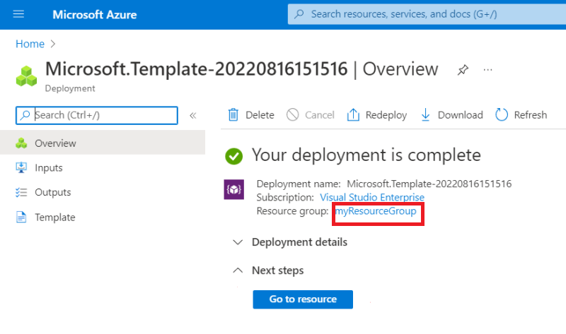 Skärmbild av visa den andra distributionssidan i Azure Portal.