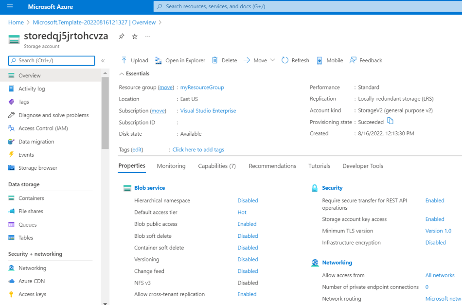 Skärmbild av visa distributionssidan med lagringskontot i Azure Portal.