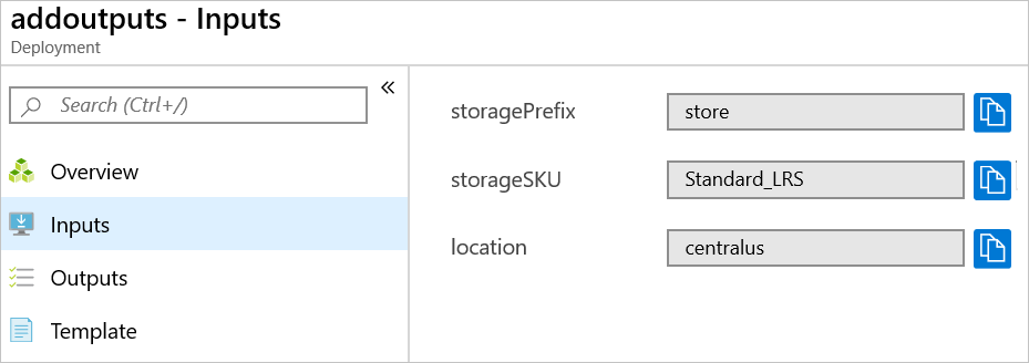 Skärmbild av Azure Portal som visar distributionsindata.