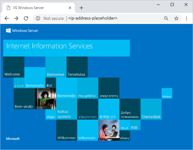 Skärmbild av välkomstsidan för Internet Information Services.