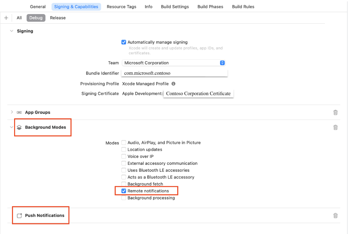 Skärmbild som visar tillägg av push-meddelanden och bakgrundslägen i Xcode.