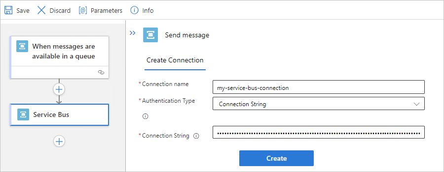 Skärmbild som visar standardarbetsflöde, inbyggd Service Bus-åtgärd och exempel på anslutningsinformation.
