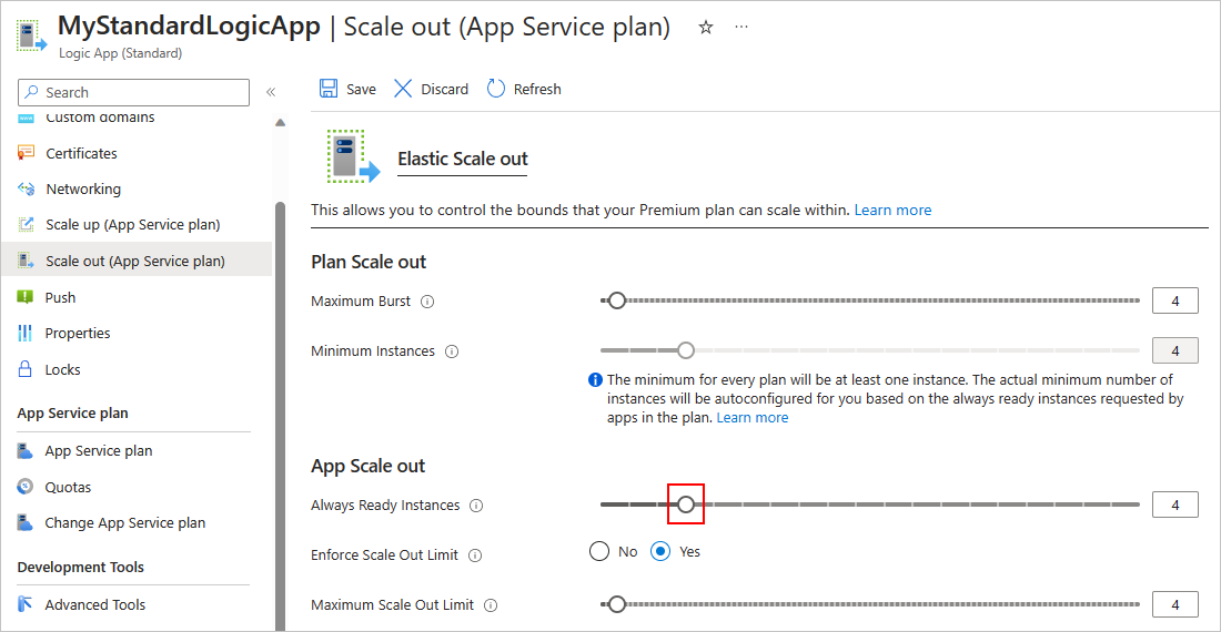 Skärmbild som visar Azure Portal, Standard logic app resource, Scale out page och Always Ready Instances number set to match Maximum Burst and Maximum Scale Out Limit .Screenshot shows Azure Portal, Standard logic app resource, Scale out page, and Always Ready Instances number set to match Maximum Burst and Maximum Scale Out Limit .Screenshot shows Azure Portal, Standard logic app resource, Scale out page, and Always Ready Instances number set to match Maximum Burst and Maximum Scale Out Limit.