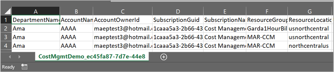 Skärmbild som visar exporterade CSV-data i Excel.