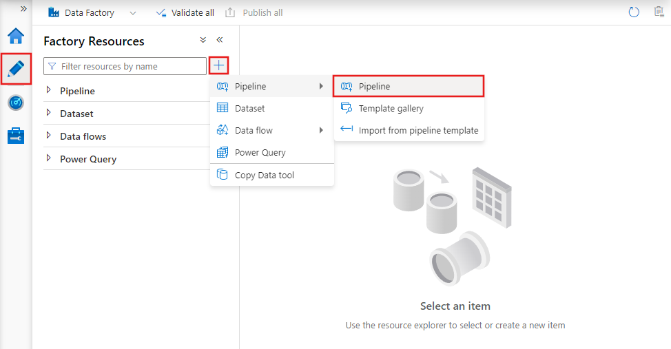 Visar stegen för att skapa en ny pipeline med Hjälp av Azure Data Factory Studio.