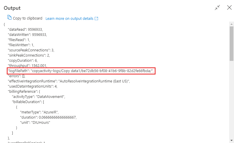 Visar utdata från en aktiviteten Kopiera med loggning aktiverat.