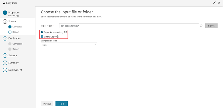 Skärmbild som visar välj indatafil eller mapp där du kan välja Kopiera fil rekursivt och Binär kopia.