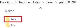 Skärmbild som visar JRE-mappen.