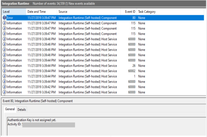 Skärmbild av händelsefönstret för integrationskörning som visar att autentiseringsnyckeln ännu inte har tilldelats.
