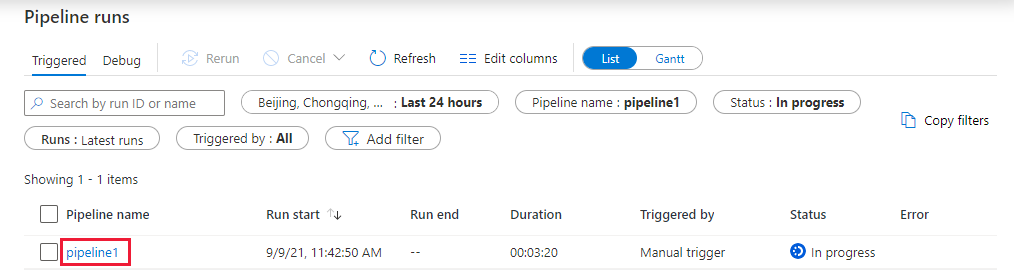 Skärmbild som visar hur du övervakar pipelinen.