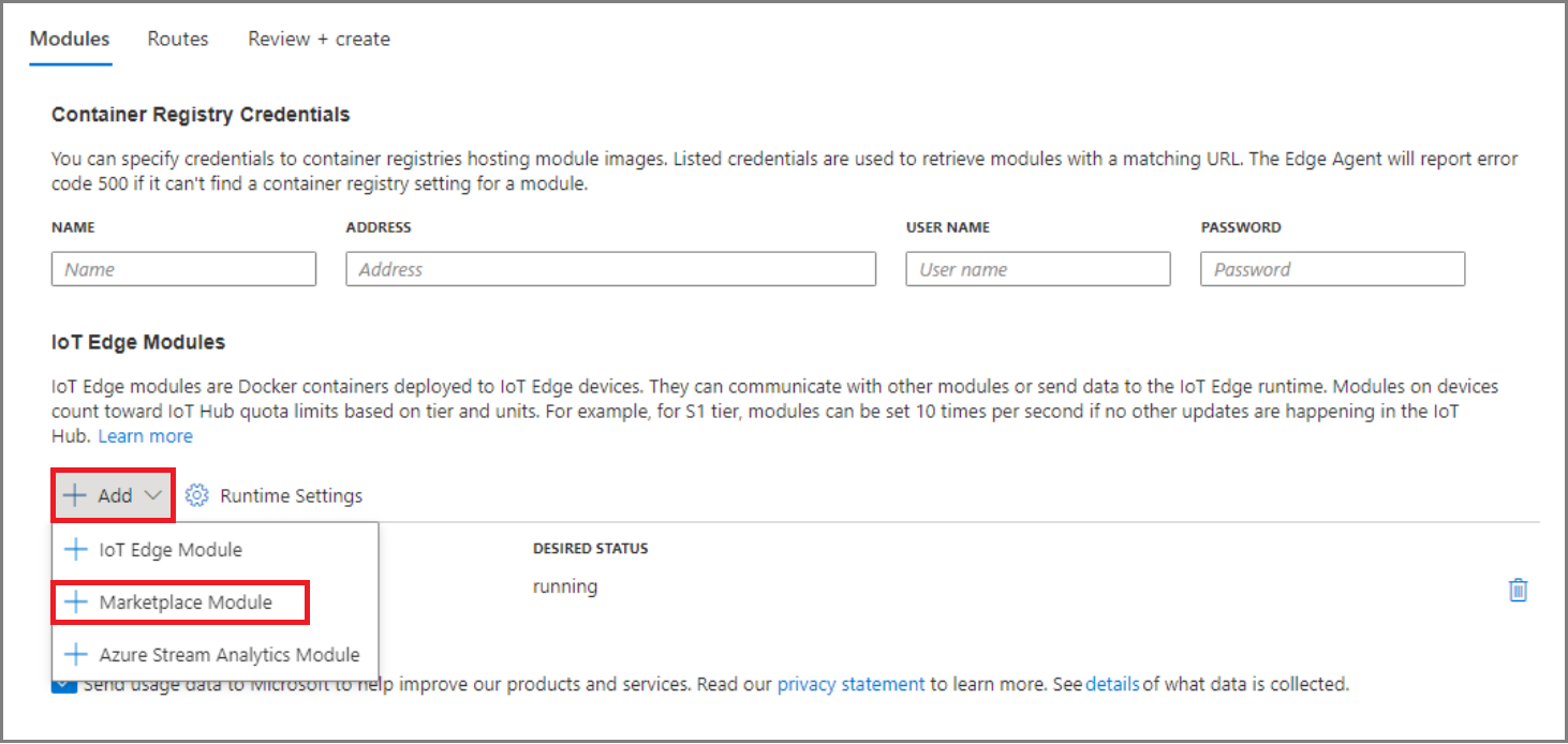 Skärmbild av valet Azure Portal, Marketplace-modul och Lägg till Marketplace-modul.