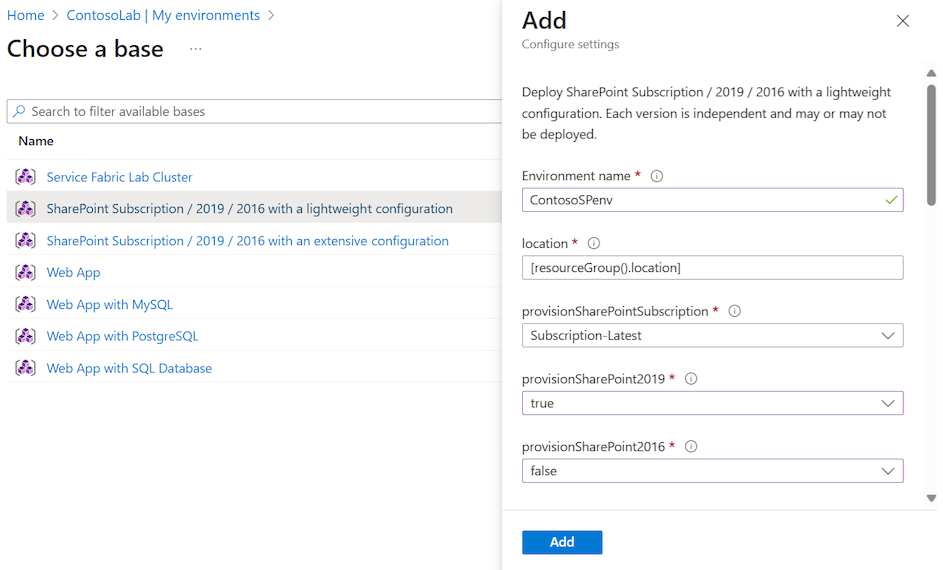 Skärmbild som visar fönstret Lägg till med inställningar för att konfigurera för en SharePoint-miljö.