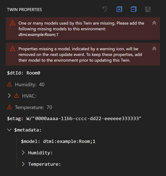 Skärmbild av panelen Egenskaper för Tvilling i Azure Digital Twins Explorer som visar två felmeddelanden. Ett fel anger att modeller saknas, och det andra anger att egenskaper saknar en modell.