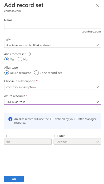 Skärmbild av att lägga till en aliaspost för att referera till Traffic Manager-profilen.