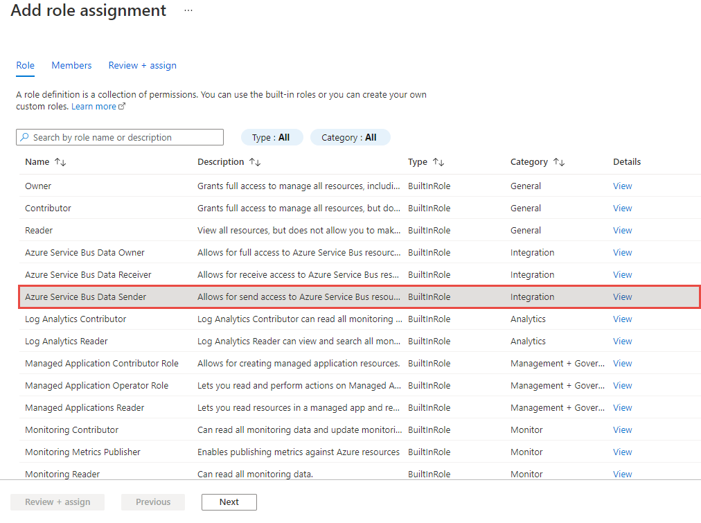 Image showing the selection of the Azure Service Bus Data Sender role