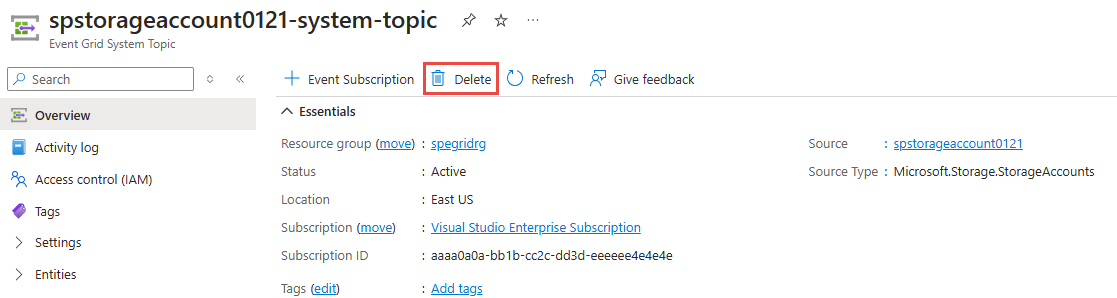 Screenshot that shows the System Topic page with the Delete button selected.