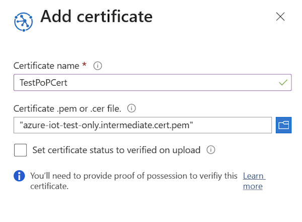 Skärmbild som visar uppladdning av ett certifikat utan automatisk verifiering.