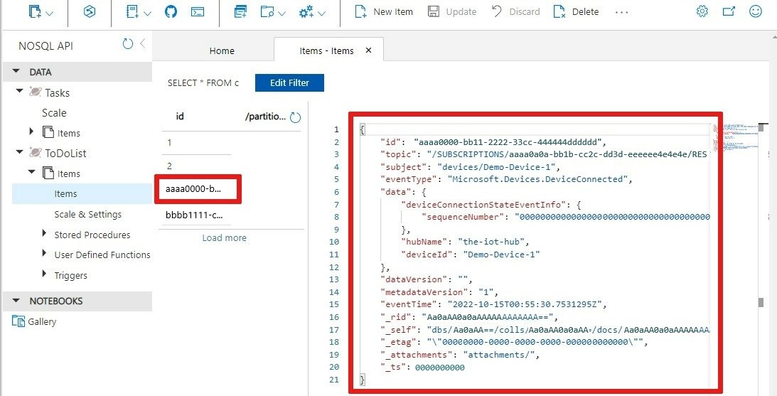 Skärmbild av den nyligen genererade anslutningstillståndshändelsen i en Cosmos DB-samling.