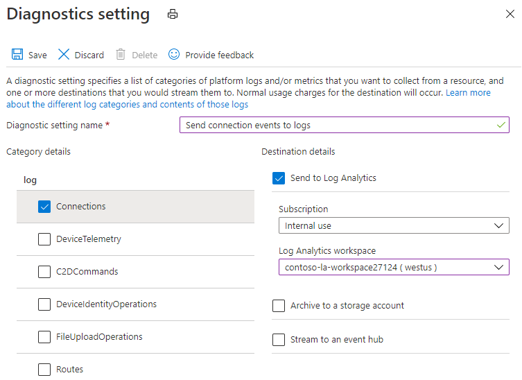 Rekommenderad inställning för att skicka anslutningsloggar till Log Analytics-arbetsytan.