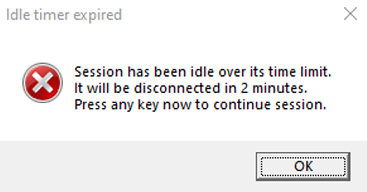 Skärmbild som visar ett varningsmeddelande om att en session har varit inaktiv över tidsgränsen.