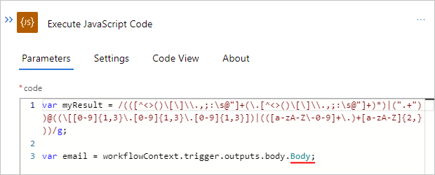 Skärmbild som visar arbetsflödet för standardlogikappen, åtgärden Execute JavaScript Code (Kör JavaScript Code) och den omdöpta egenskapen Body (Brödtext) med avslutande semikolon.