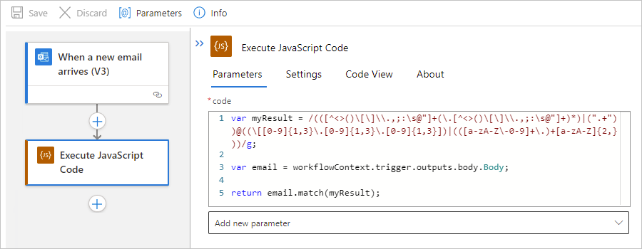 Skärmbild som visar arbetsflödet för standardlogikappen och åtgärden Kör JavaScript Code med en retursats.