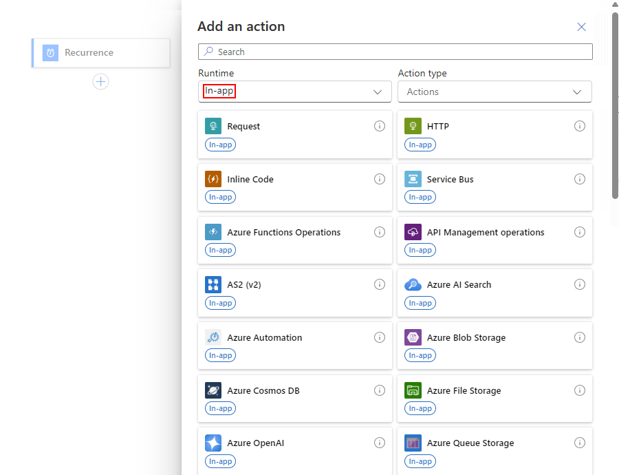 Skärmbild som visar Azure Portal, designern för standardlogikappens arbetsflöde med en utlösare och samlingar och anslutningsappar i appen med åtgärdsgalleriet.