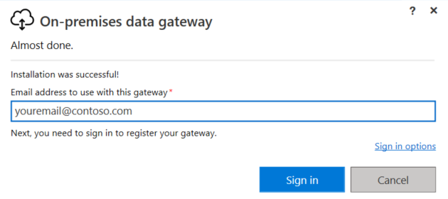 Skärmbild som visar gatewayinstallationsprogrammet med ett meddelande om lyckad installation, en ruta som innehåller en e-postadress och en knapp för Inloggning.