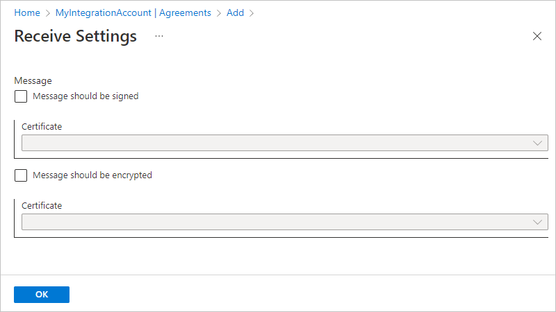 Skärmbild av sidan Ta emot inställningar med alternativ för att signera och kryptera meddelanden och ange certifikat.