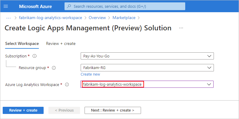 Skärmbild som visar Azure Portal, sidan Skapa logic apps management (förhandsversion) och arbetsyteinformation.