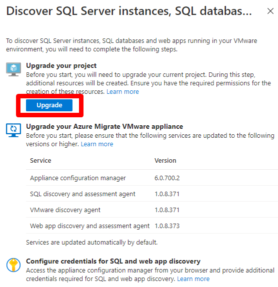 Skärmbild av knappen för att uppgradera Azure Migrate-installationen.