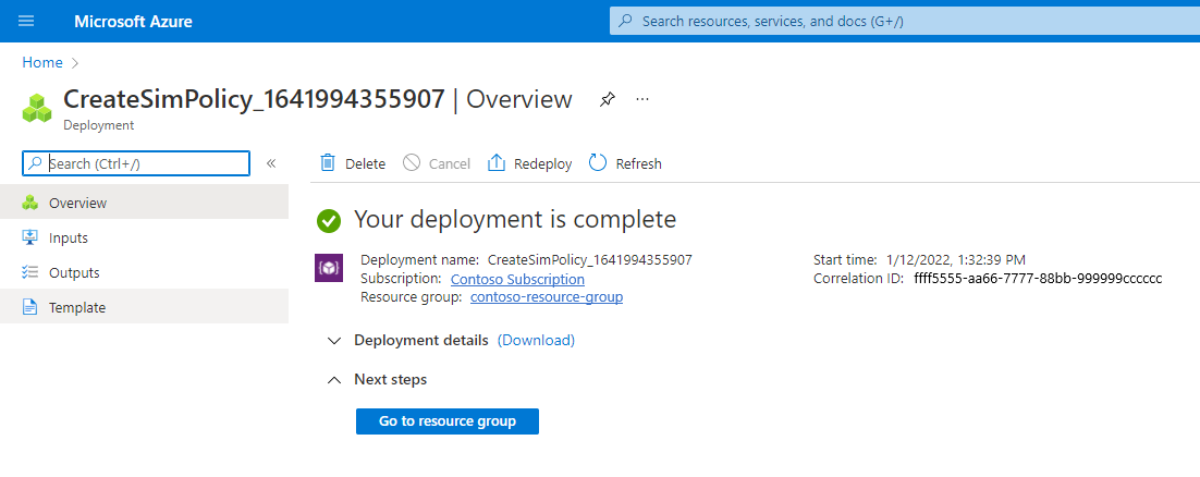 Screenshot of the Azure portal. It shows confirmation of the successful deployment of a SIM policy.