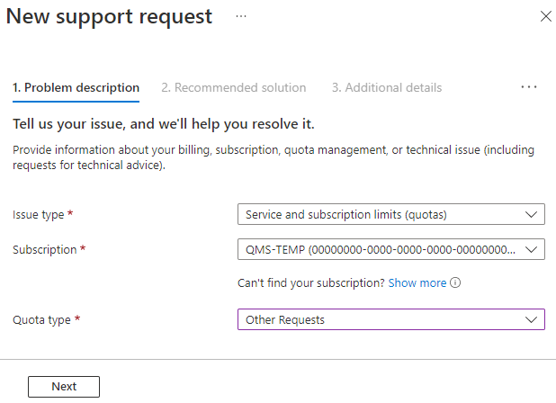 Skärmbild som visar en ny supportbegäran om kvotökning i Azure Portal.