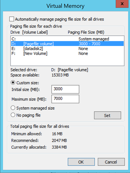 Skärmbild av dialogrutan Virtuellt minne med raden D: Drive [Pagefile volume] markerad med en växlingsfilstorlek (MB) på 3000–7 000.